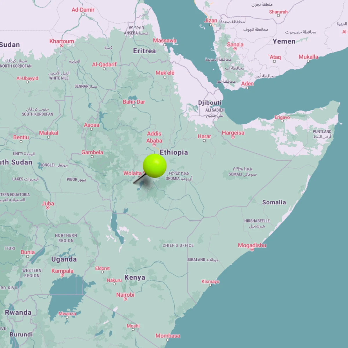 Karte von Äthiopien mit der Lage von Chilashe rund 400 Kilometer südlich von Addis Abeba